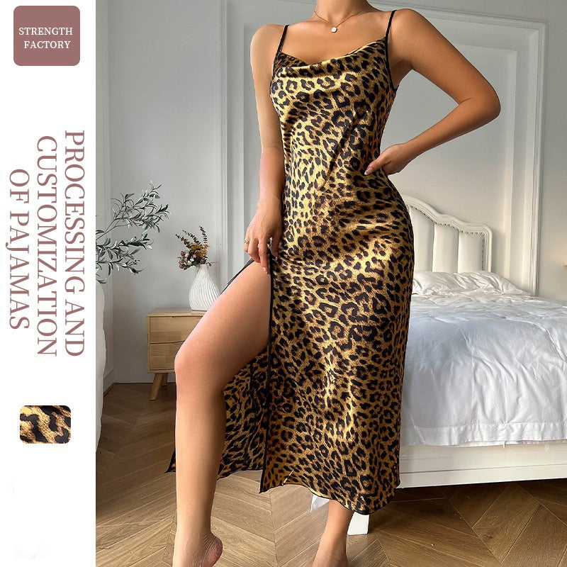 Summer Thin Ice Silk Strap Dress Breathable Silk Fashion Sexy Leopard Print Sleepwear Women's Backless Slit Strap