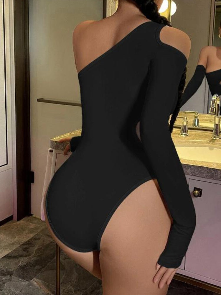 Long Sleeve Crop Top Sexy Spicy Girl Solid Color Slim Off-Shoulder Women's Jumpsuit Fitted Top Thin