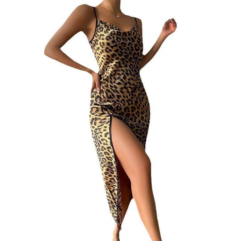 Summer Thin Ice Silk Strap Dress Breathable Silk Fashion Sexy Leopard Print Sleepwear Women's Backless Slit Strap