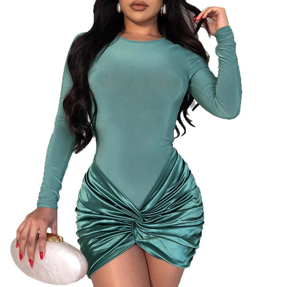 Fashion Elegant Solid Color Slim Sexy Pleated Bodycon Long Sleeve Mini Dress