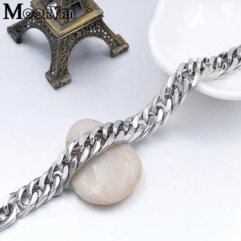Moorvan Christmas Gift New Stainless Steel Men bracelet Trendy Style,21cm 10mm Bracelet Boys Women Wholesale Jewelry