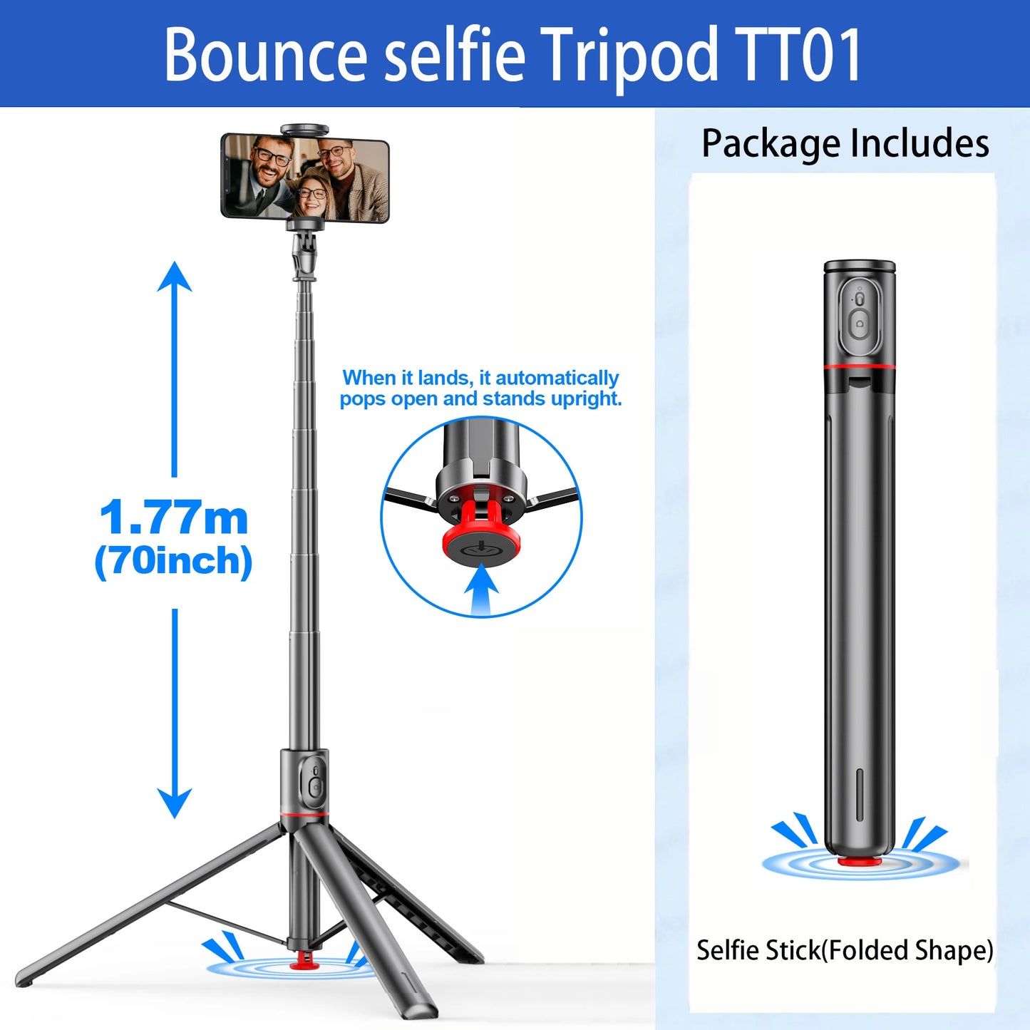 TT01 Portable 70 Inch All-in-one Auto Pop Open Tripod Bluetooth Remote Tripod Bounce Selfie Stick Phone Holder for Vlog/Video