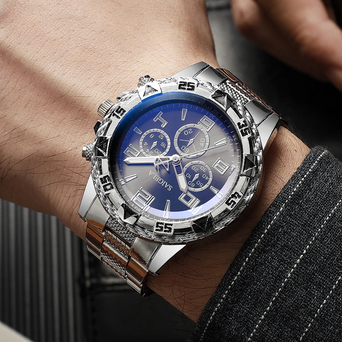 2pcs/set Men Business Watches Fashion Arabic Dial Steel Band Male's Quartz Watch Set (Without Box)