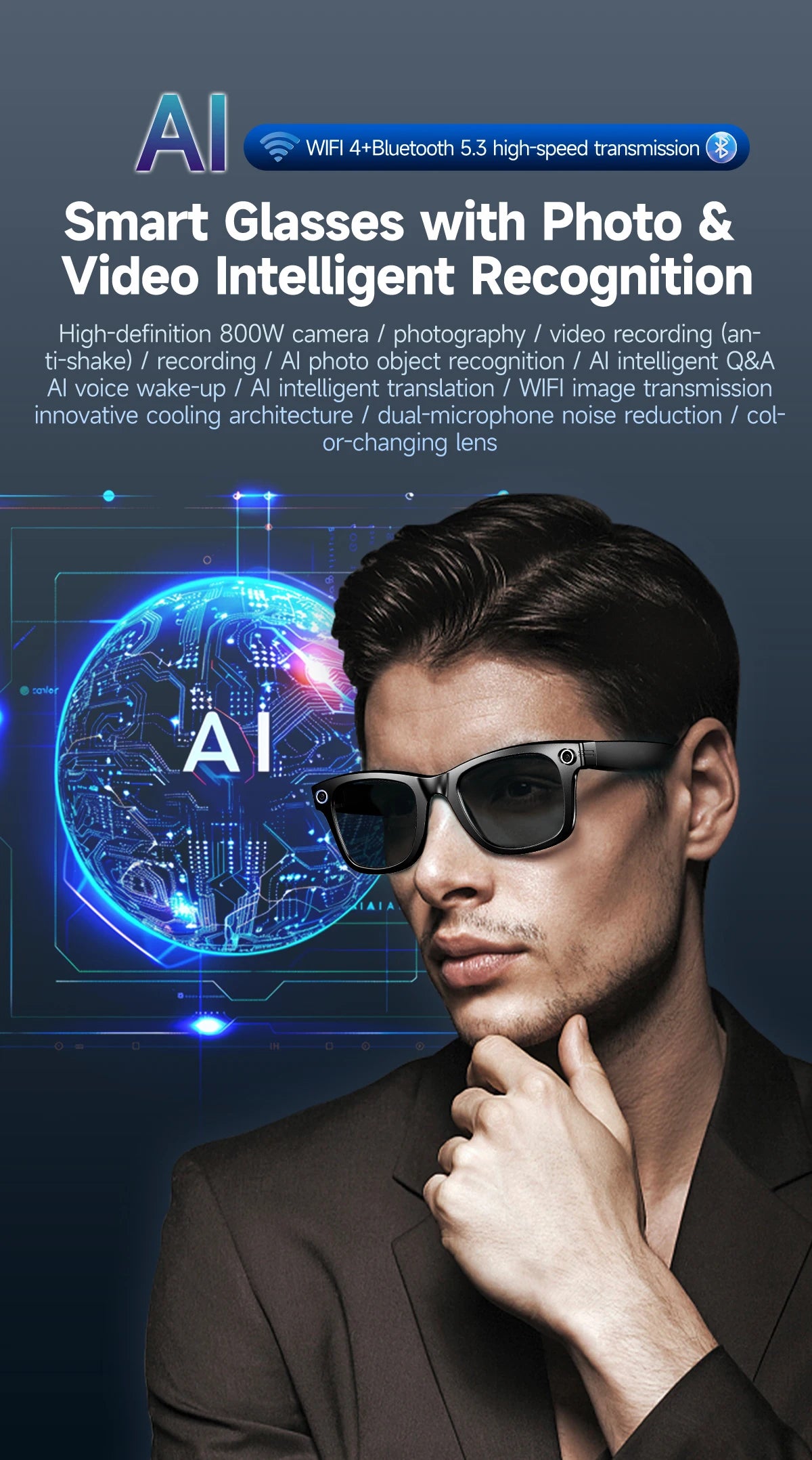 New 800w Pixel Smart Glasses With AI Camera Micro Camera Photography Video Recording Voice Call Translation Gradient Sunglasses