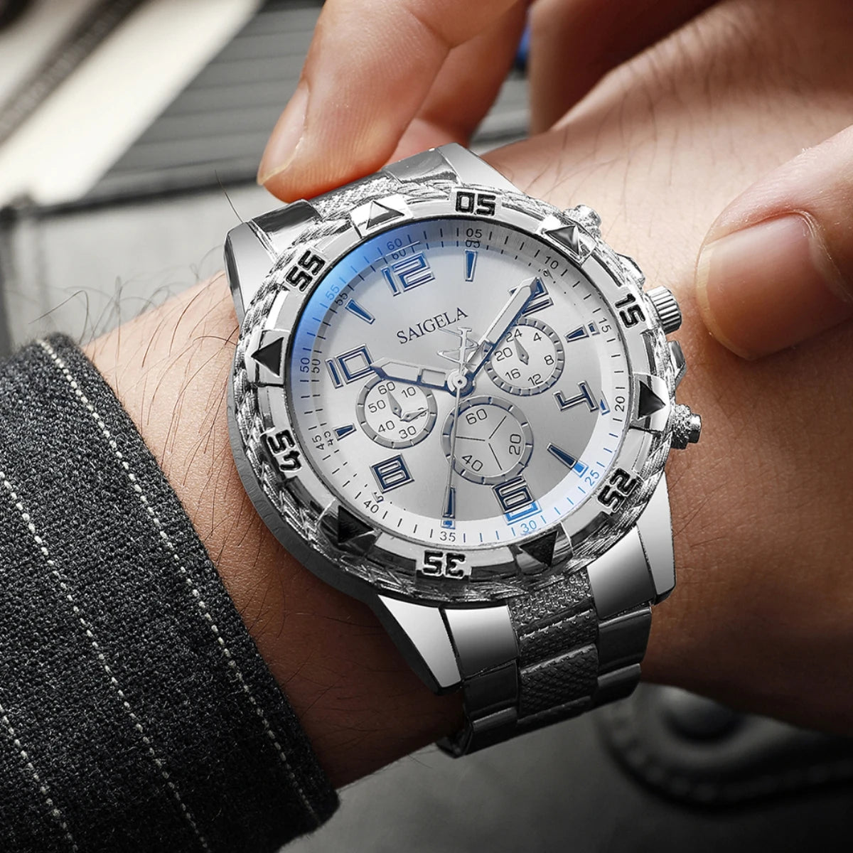 2pcs/set Men Business Watches Fashion Arabic Dial Steel Band Male's Quartz Watch Set (Without Box)