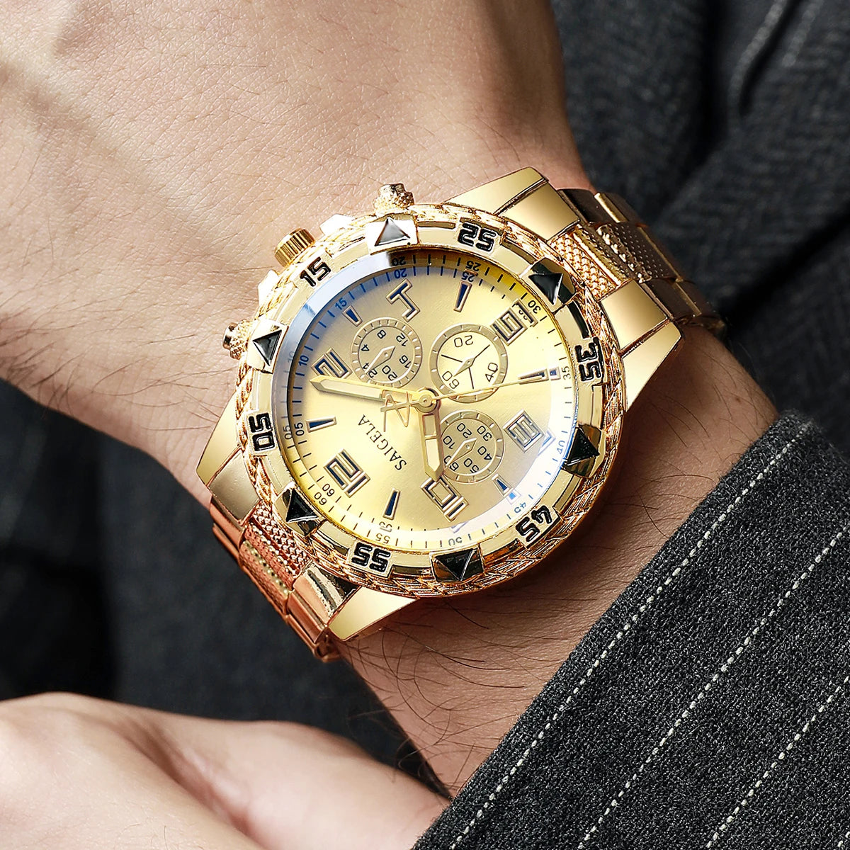 2pcs/set Men Business Watches Fashion Arabic Dial Steel Band Male's Quartz Watch Set (Without Box)