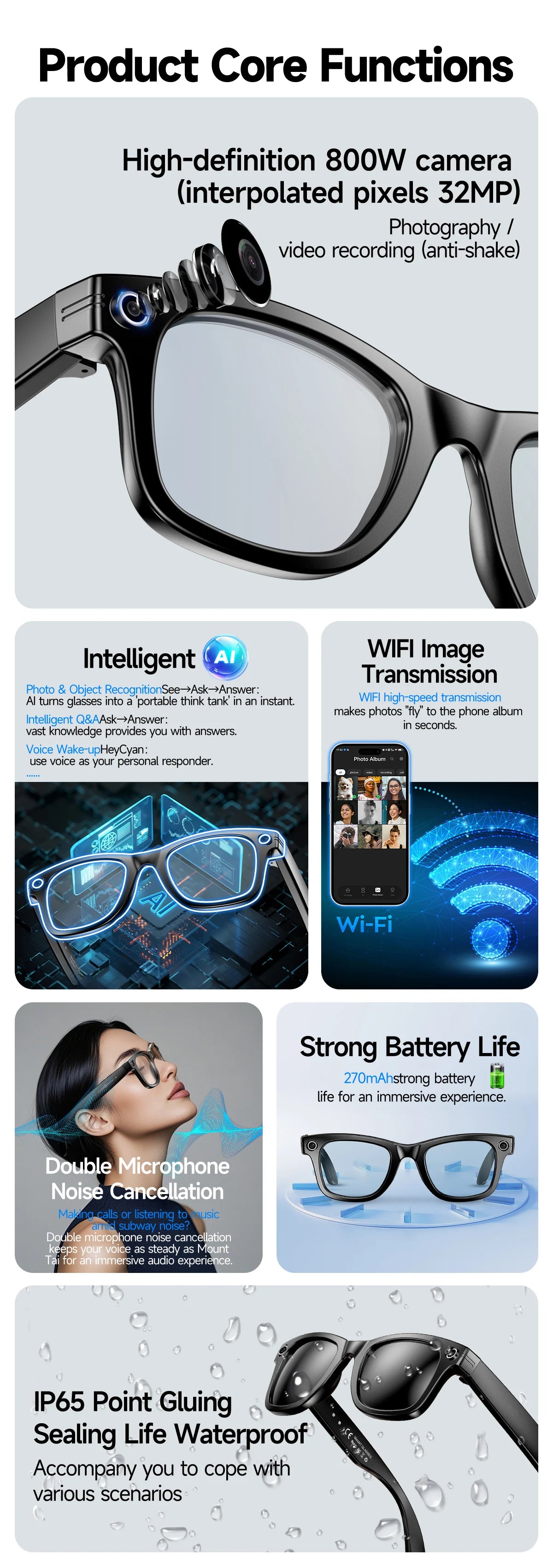 New 800w Pixel Smart Glasses With AI Camera Micro Camera Photography Video Recording Voice Call Translation Gradient Sunglasses