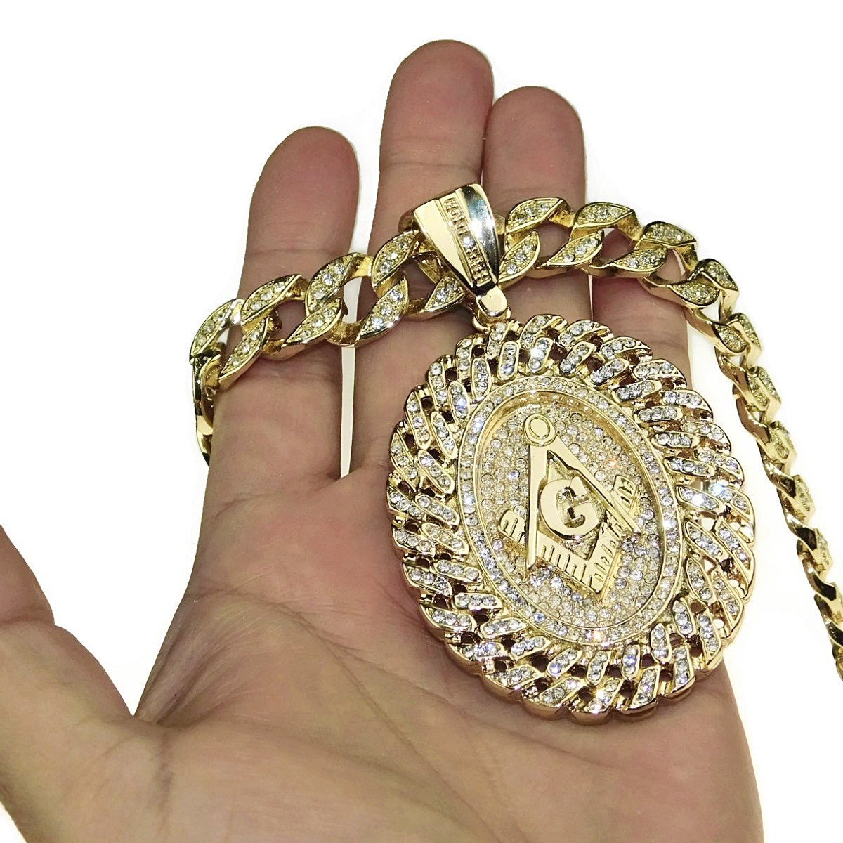 14K Gold Plated Oval Mason Chain Medallion Cuban Masonic Hip Hop Necklace 30