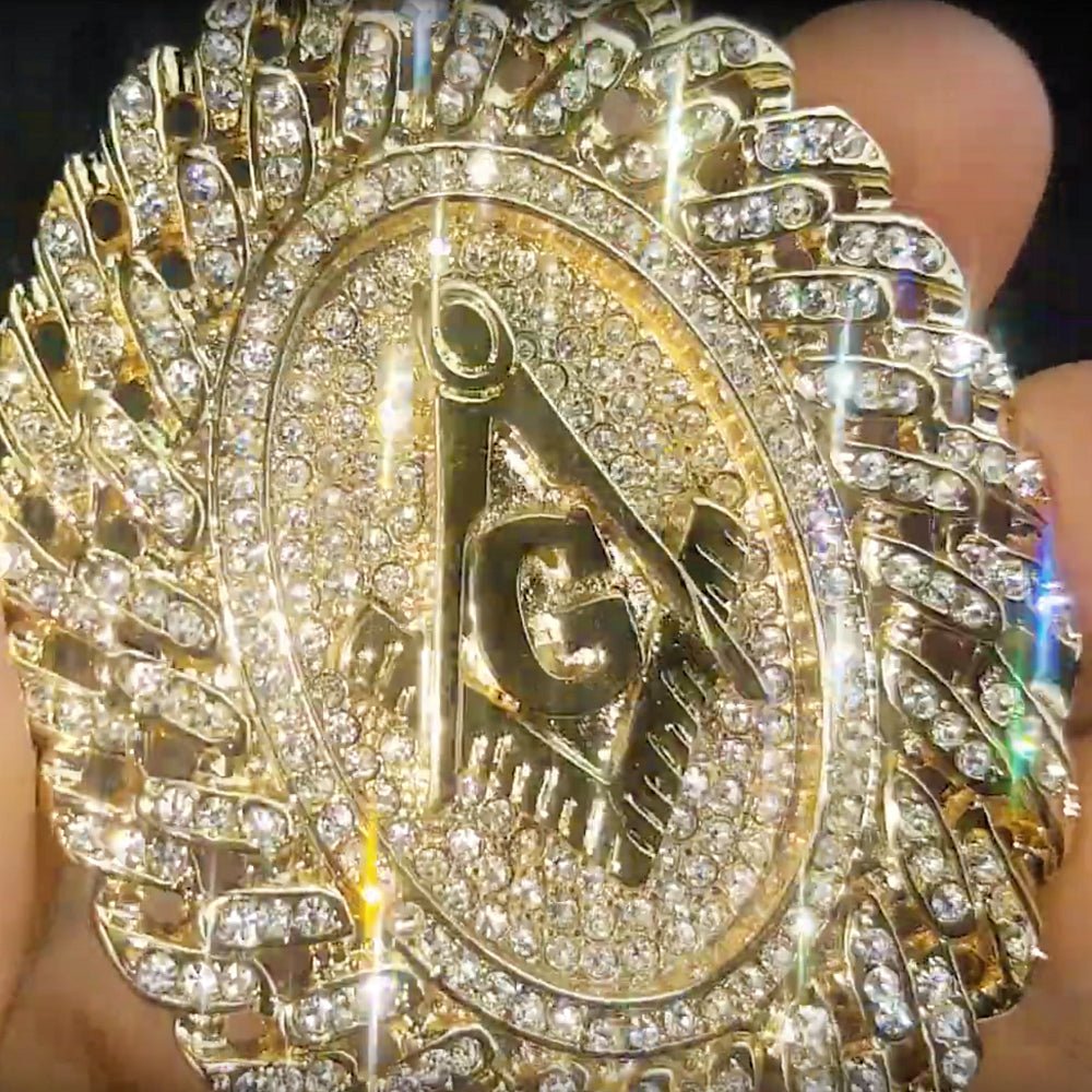 14K Gold Plated Oval Mason Chain Medallion Cuban Masonic Hip Hop Necklace 30