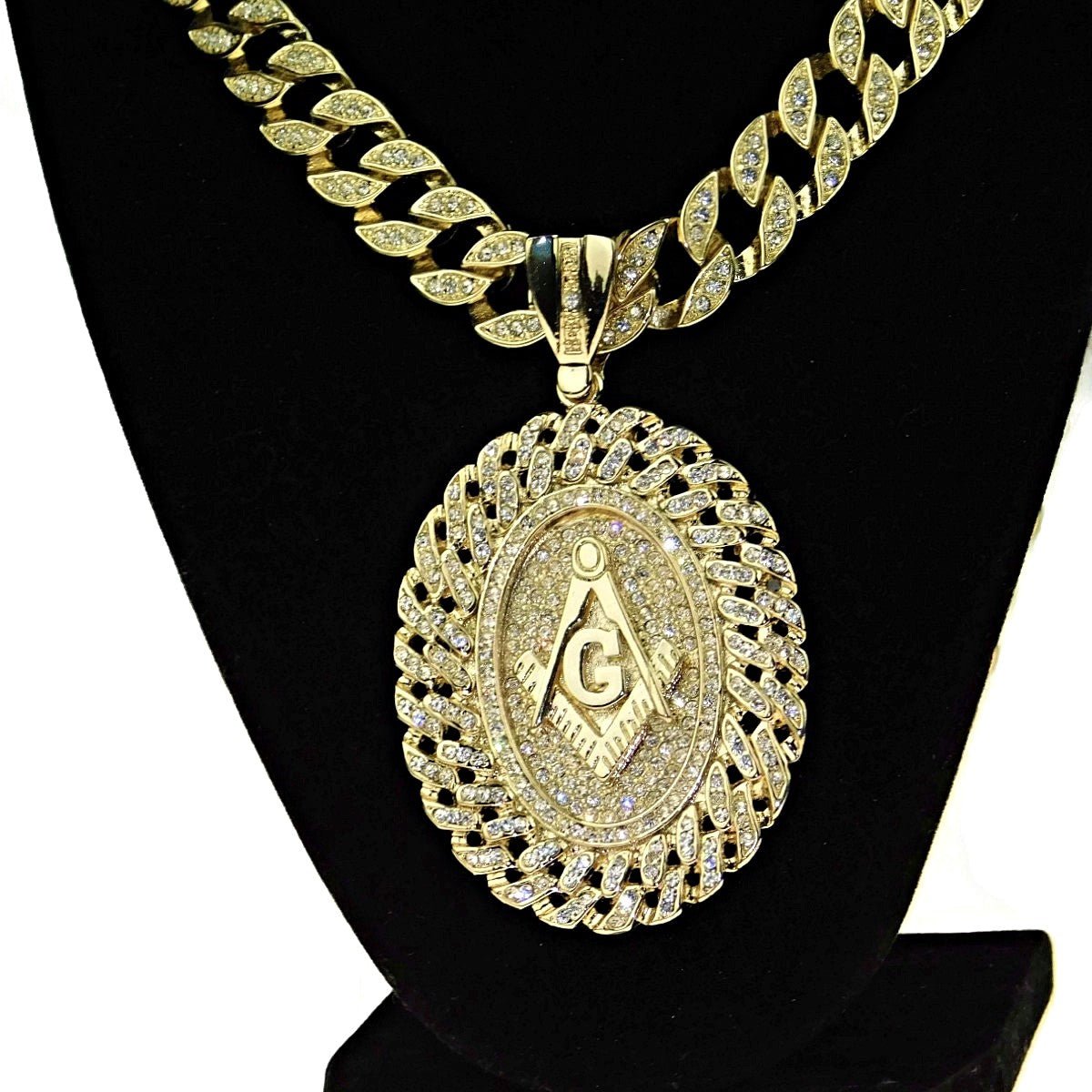 14K Gold Plated Oval Mason Chain Medallion Cuban Masonic Hip Hop Necklace 30