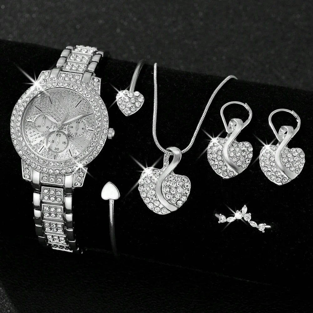 Women's Quartz Watch Gold Luxury Women Ring Necklace Earring Rhinestone Fashion Wristwatch Casual Ladies Watches Jewelry Set ﻿ - Simply Just Deals LLC