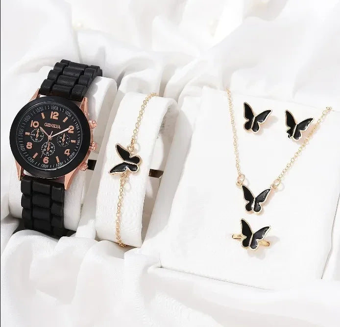 5PCS Set Luxury Watch Women Ring Necklace Earrings Rhinestone Fashion Wristwatch Female Casual Ladies Watches Bracelet Set Clock - Simply Just Deals LLC