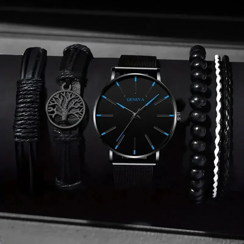 5PCS Set Fashion Mens Sports Watches Man Business Quartz Wristwatch Luxury Leather Bracelet Men Casual Clock Watch - Simply Just Deals LLC
