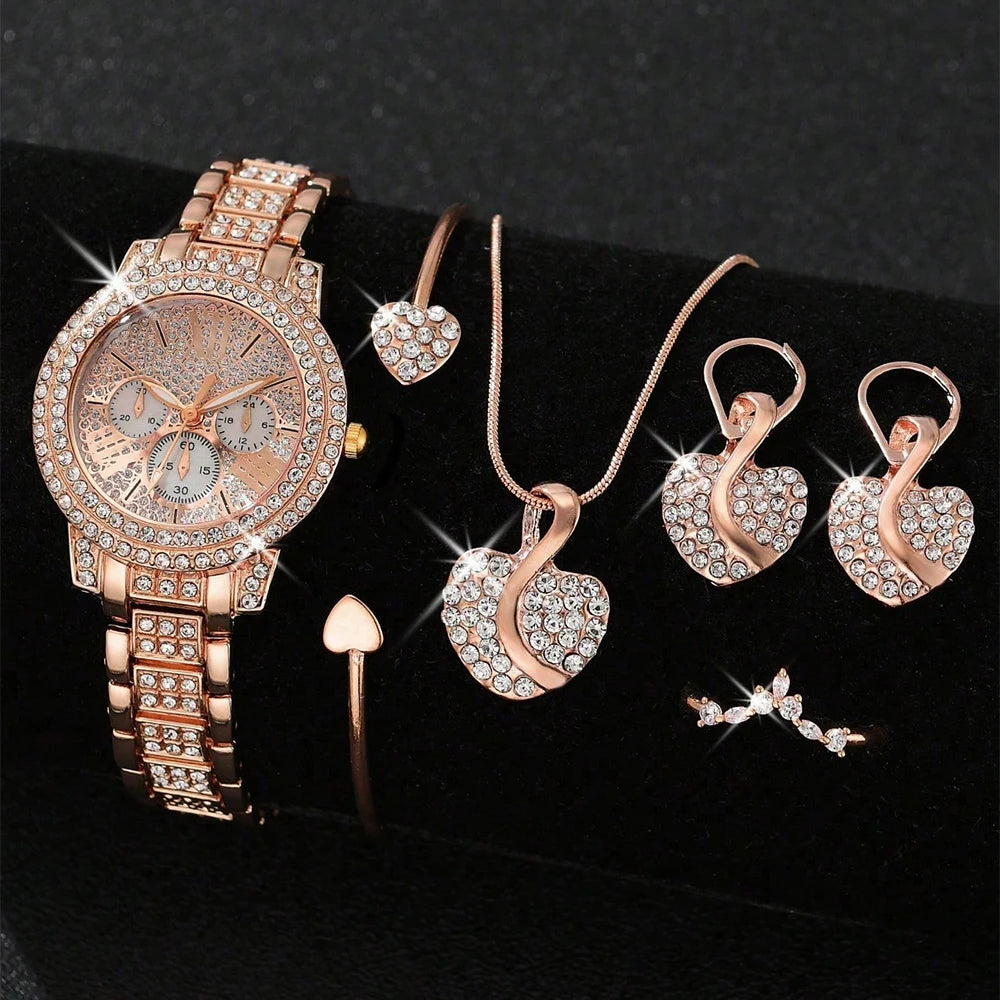 Women's Quartz Watch Gold Luxury Women Ring Necklace Earring Rhinestone Fashion Wristwatch Casual Ladies Watches Jewelry Set ﻿ - Simply Just Deals LLC