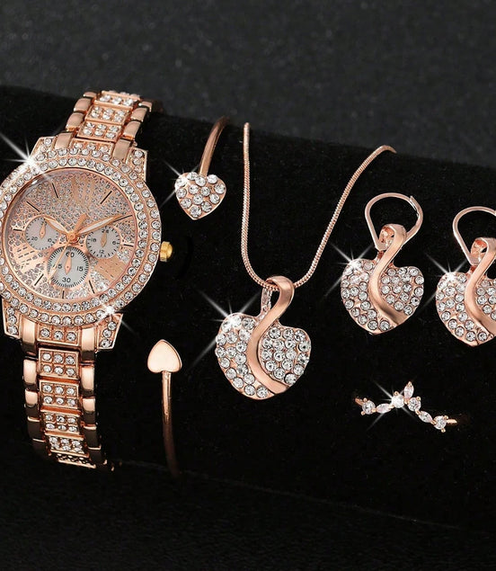 Women's Quartz Watch Gold Luxury Women Ring Necklace Earring Rhinestone Fashion Wristwatch Casual Ladies Watches Jewelry Set ﻿ - Simply Just Deals LLC