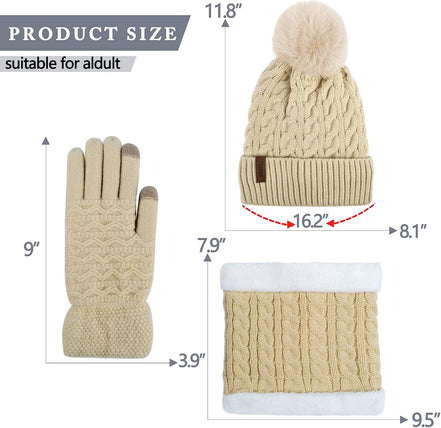 3Pcs Winter Women Beanie Hat Scarf and Touch Screen Gloves Sets Girls Classic Knit Warm Chunky Fleece Lined Cable Cap - Simply Just Deals LLC3Pcs Winter Women Beanie Hat Scarf and Touch Screen Gloves Sets Girls Classic Knit Warm Chunky Fleece Lined Cable Cape2ddb14c-ba7d-4ea4-9b95-2503762daf18Beige3Pcs Winter Women Beanie Hat Scarf and Touch Screen Gloves Sets Girls Classic Knit Warm Chunky Fleece Lined Cable Cap