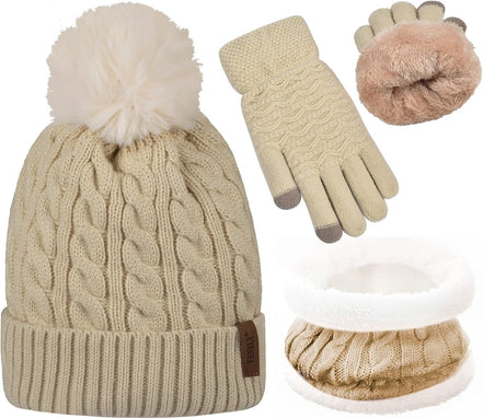 3Pcs Winter Women Beanie Hat Scarf and Touch Screen Gloves Sets Girls Classic Knit Warm Chunky Fleece Lined Cable Cap - Simply Just Deals LLC3Pcs Winter Women Beanie Hat Scarf and Touch Screen Gloves Sets Girls Classic Knit Warm Chunky Fleece Lined Cable Cape2ddb14c-ba7d-4ea4-9b95-2503762daf18Beige3Pcs Winter Women Beanie Hat Scarf and Touch Screen Gloves Sets Girls Classic Knit Warm Chunky Fleece Lined Cable Cap