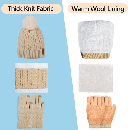 3Pcs Winter Women Beanie Hat Scarf and Touch Screen Gloves Sets Girls Classic Knit Warm Chunky Fleece Lined Cable Cap - Simply Just Deals LLC3Pcs Winter Women Beanie Hat Scarf and Touch Screen Gloves Sets Girls Classic Knit Warm Chunky Fleece Lined Cable Cape2ddb14c-ba7d-4ea4-9b95-2503762daf18Beige3Pcs Winter Women Beanie Hat Scarf and Touch Screen Gloves Sets Girls Classic Knit Warm Chunky Fleece Lined Cable Cap