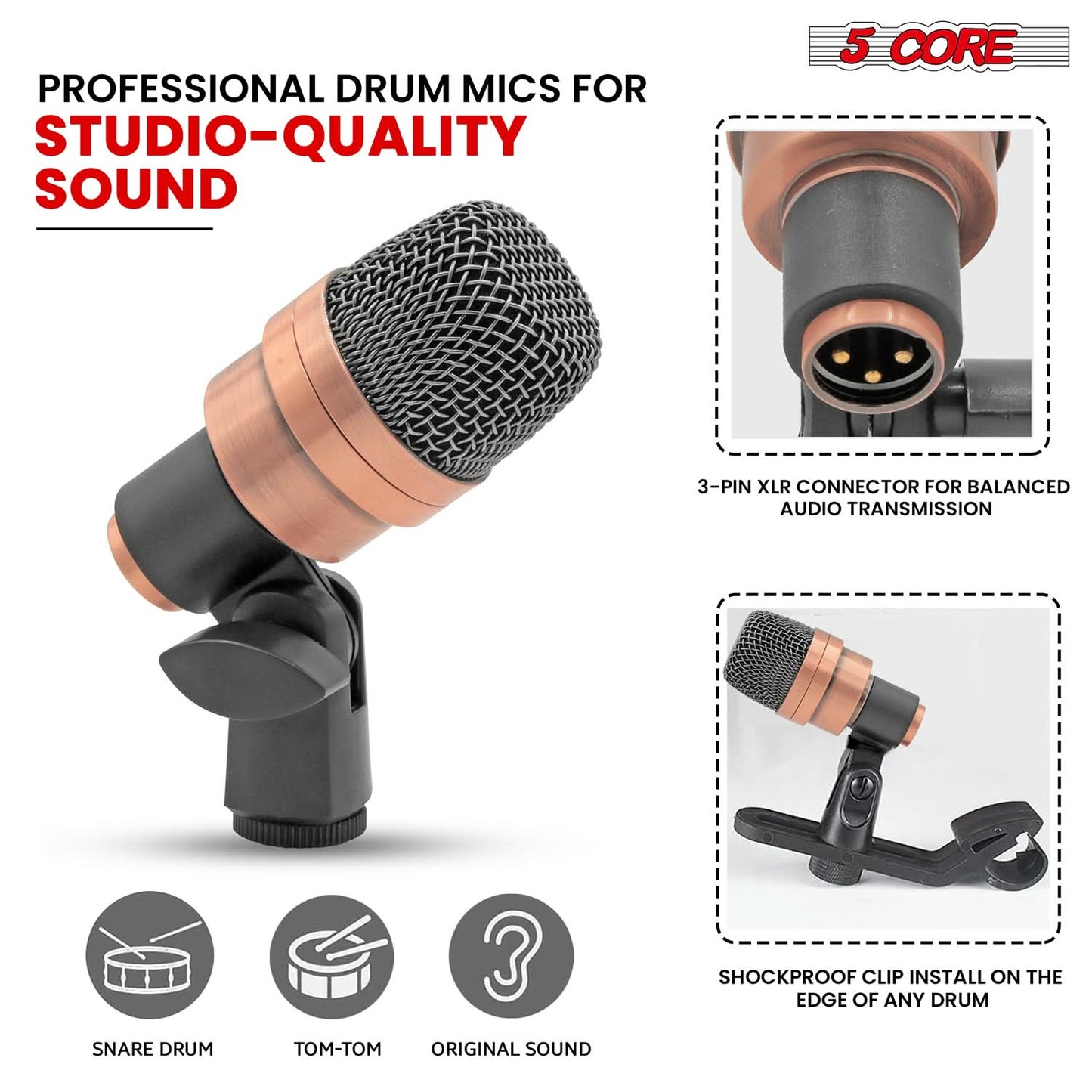 5Core Drum Mic Kit 7 Pcs Kick Bass Tom Snare Dynamic Microphone Instrument Mics Set COPPEREX-3