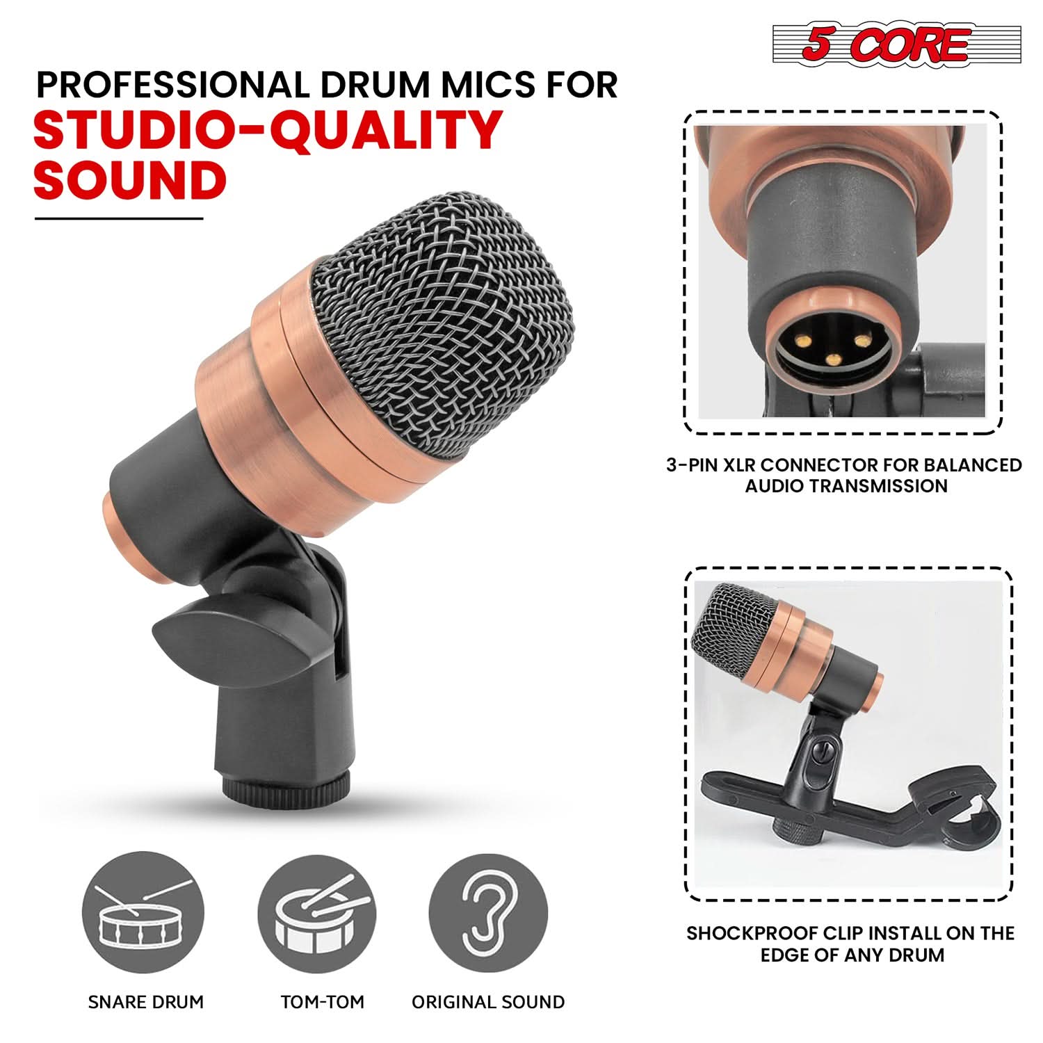 5Core Drum Mic Kit 7 Pcs Kick Bass Tom Snare Dynamic Microphone Instrument Mics Set COPPEREX-3