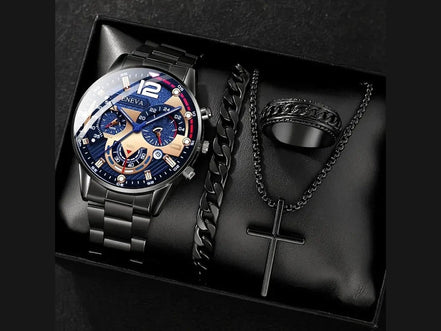 4pcs gold alloy Roman with calendar men's quartz watch and cross necklace bracelet ring set selected gift - Simply Just Deals LLC4pcs gold alloy Roman with calendar men's quartz watch and cross necklace bracelet ring set selected gift14:201447303blackblack4pcs gold alloy Roman with calendar men's quartz watch and cross necklace bracelet ring set selected gift