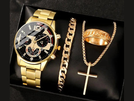 4pcs gold alloy Roman with calendar men's quartz watch and cross necklace bracelet ring set selected gift - Simply Just Deals LLC4pcs gold alloy Roman with calendar men's quartz watch and cross necklace bracelet ring set selected gift14:200000080goldgold4pcs gold alloy Roman with calendar men's quartz watch and cross necklace bracelet ring set selected gift