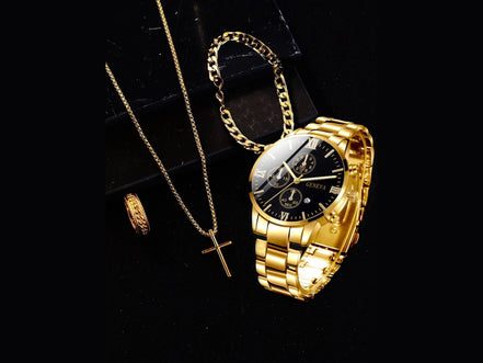 4pcs gold alloy Roman with calendar men's quartz watch and cross necklace bracelet ring set selected gift - Simply Just Deals LLC4pcs gold alloy Roman with calendar men's quartz watch and cross necklace bracelet ring set selected gift14:201447303blackblack4pcs gold alloy Roman with calendar men's quartz watch and cross necklace bracelet ring set selected gift