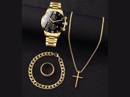 4pcs gold alloy Roman with calendar men's quartz watch and cross necklace bracelet ring set selected gift - Simply Just Deals LLC4pcs gold alloy Roman with calendar men's quartz watch and cross necklace bracelet ring set selected gift14:350850Gold4pcs gold alloy Roman with calendar men's quartz watch and cross necklace bracelet ring set selected gift