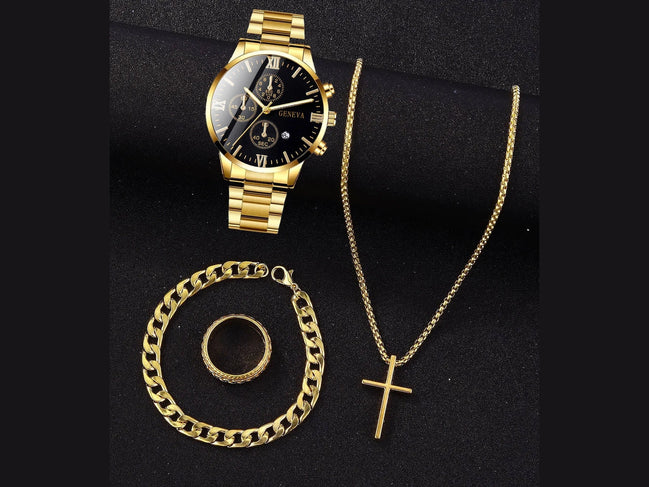 4pcs gold alloy Roman with calendar men's quartz watch and cross necklace bracelet ring set selected gift - Simply Just Deals LLC4pcs gold alloy Roman with calendar men's quartz watch and cross necklace bracelet ring set selected gift14:350850Gold4pcs gold alloy Roman with calendar men's quartz watch and cross necklace bracelet ring set selected gift
