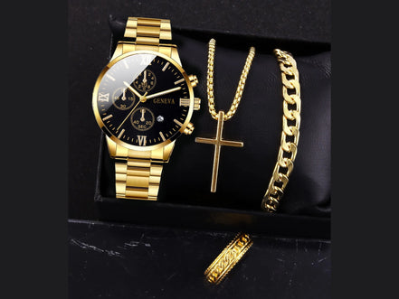 4pcs gold alloy Roman with calendar men's quartz watch and cross necklace bracelet ring set selected gift - Simply Just Deals LLC4pcs gold alloy Roman with calendar men's quartz watch and cross necklace bracelet ring set selected gift14:201447303blackblack4pcs gold alloy Roman with calendar men's quartz watch and cross necklace bracelet ring set selected gift