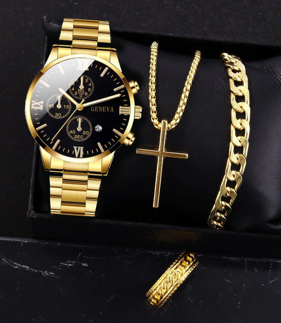4pcs gold alloy Roman with calendar men's quartz watch and cross necklace bracelet ring set selected gift - Simply Just Deals LLC4pcs gold alloy Roman with calendar men's quartz watch and cross necklace bracelet ring set selected gift14:201447303blackblack4pcs gold alloy Roman with calendar men's quartz watch and cross necklace bracelet ring set selected gift
