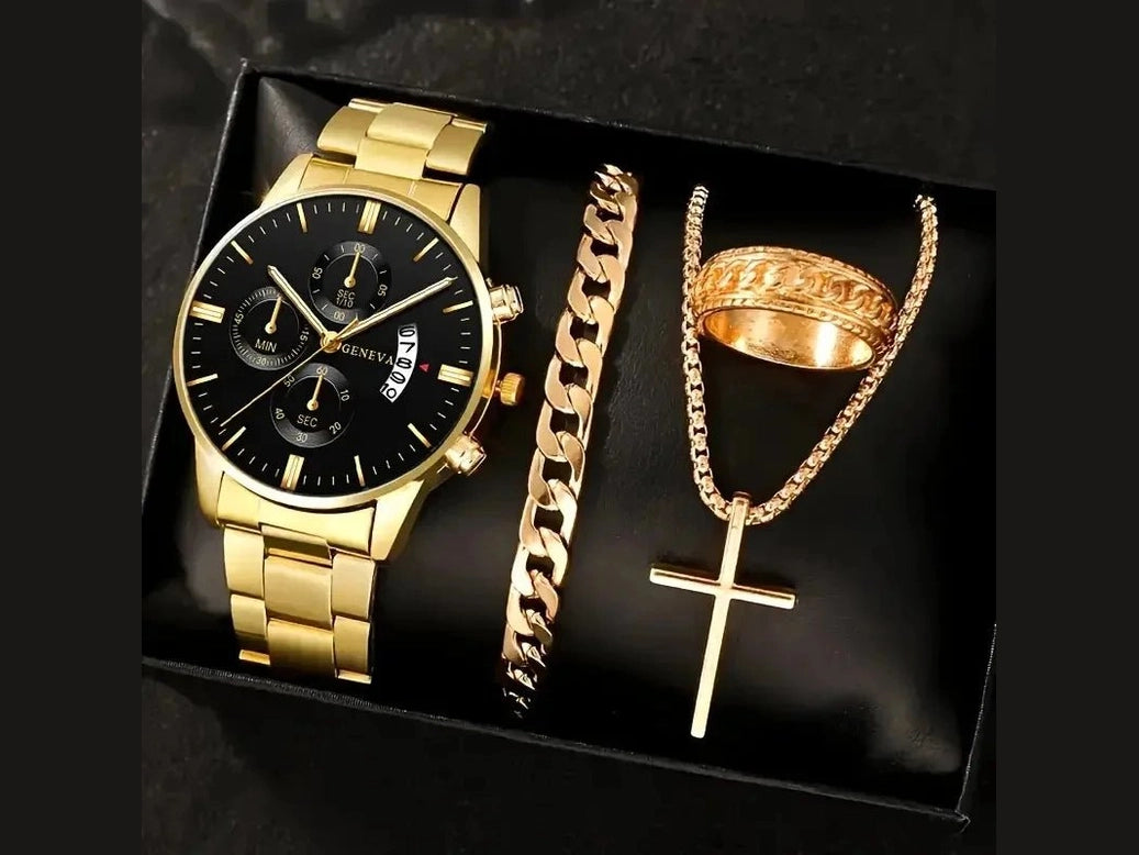 4pcs Luxury Men Business Quartz Watch Gold Alloy Roman with Calendar Wrist Watch Cross Necklace Bracelet Ring Set Men's Gift - Simply Just Deals LLC4pcs Luxury Men Business Quartz Watch Gold Alloy Roman with Calendar Wrist Watch Cross Necklace Bracelet Ring Set Men's Gift14:10001377705054pcs Luxury Men Business Quartz Watch Gold Alloy Roman with Calendar Wrist Watch Cross Necklace Bracelet Ring Set Men's Gift