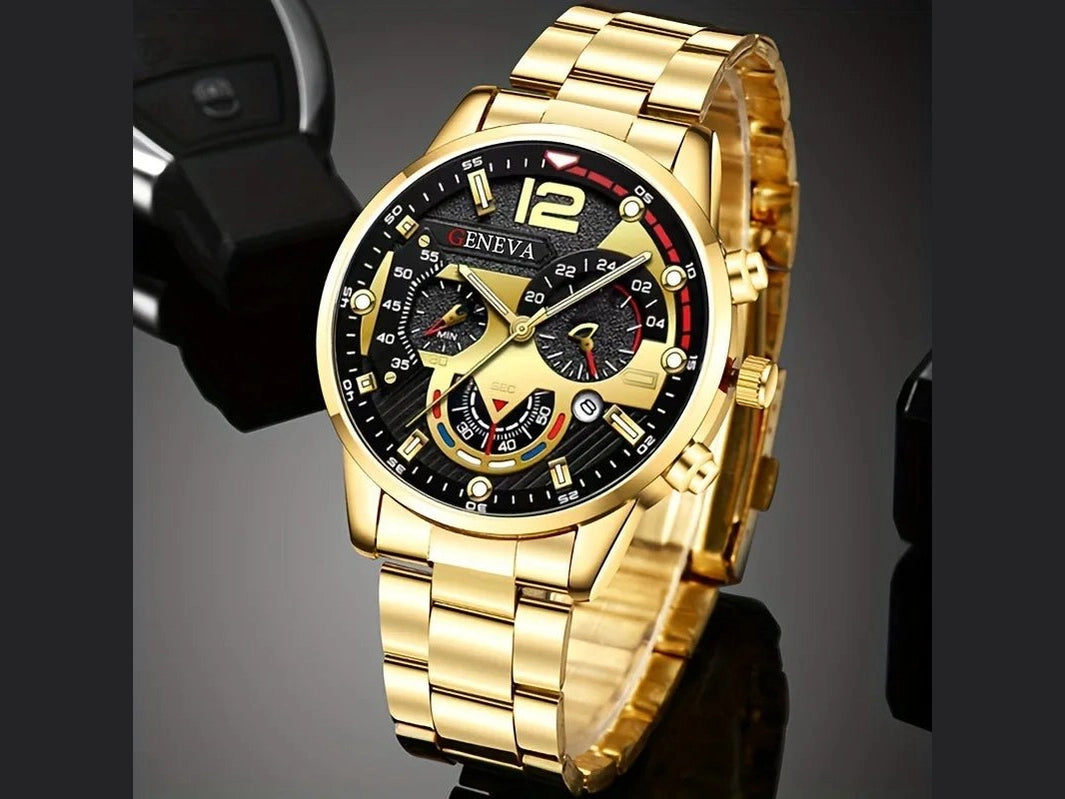 4pcs Luxury Men Business Quartz Watch Gold Alloy Roman with Calendar Wrist Watch Cross Necklace Bracelet Ring Set Men's Gift - Simply Just Deals LLC4pcs Luxury Men Business Quartz Watch Gold Alloy Roman with Calendar Wrist Watch Cross Necklace Bracelet Ring Set Men's Gift14:20144759801014pcs Luxury Men Business Quartz Watch Gold Alloy Roman with Calendar Wrist Watch Cross Necklace Bracelet Ring Set Men's Gift