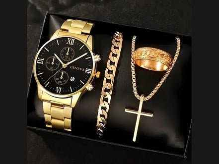 4pcs Luxury Men Business Quartz Watch Gold Alloy Roman with Calendar Wrist Watch Cross Necklace Bracelet Ring Set Men's Gift - Simply Just Deals LLC4pcs Luxury Men Business Quartz Watch Gold Alloy Roman with Calendar Wrist Watch Cross Necklace Bracelet Ring Set Men's Gift14:20000510003034pcs Luxury Men Business Quartz Watch Gold Alloy Roman with Calendar Wrist Watch Cross Necklace Bracelet Ring Set Men's Gift
