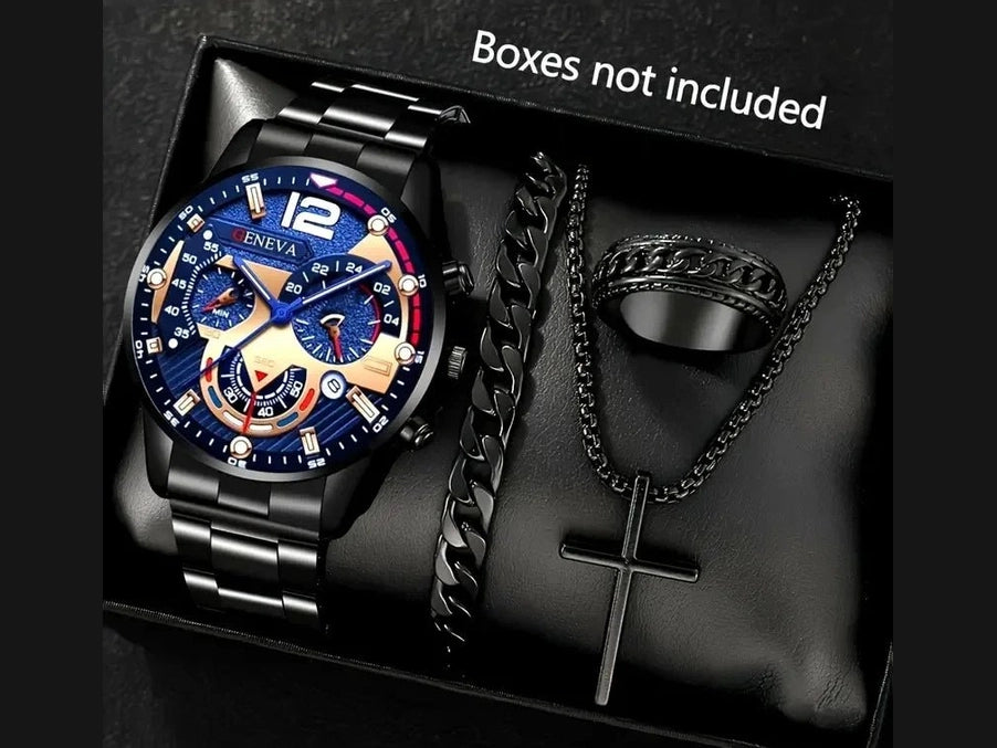 4pcs Luxury Men Business Quartz Watch Gold Alloy Roman with Calendar Wrist Watch Cross Necklace Bracelet Ring Set Men's Gift - Simply Just Deals LLC4pcs Luxury Men Business Quartz Watch Gold Alloy Roman with Calendar Wrist Watch Cross Necklace Bracelet Ring Set Men's Gift14:35068607074pcs Luxury Men Business Quartz Watch Gold Alloy Roman with Calendar Wrist Watch Cross Necklace Bracelet Ring Set Men's Gift