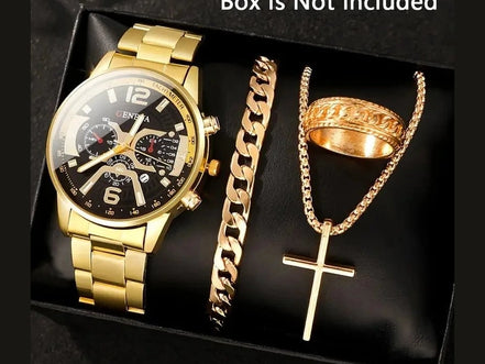 4pcs Luxury Men Business Quartz Watch Gold Alloy Roman with Calendar Wrist Watch Cross Necklace Bracelet Ring Set Men's Gift - Simply Just Deals LLC4pcs Luxury Men Business Quartz Watch Gold Alloy Roman with Calendar Wrist Watch Cross Necklace Bracelet Ring Set Men's Gift14:10000597906064pcs Luxury Men Business Quartz Watch Gold Alloy Roman with Calendar Wrist Watch Cross Necklace Bracelet Ring Set Men's Gift