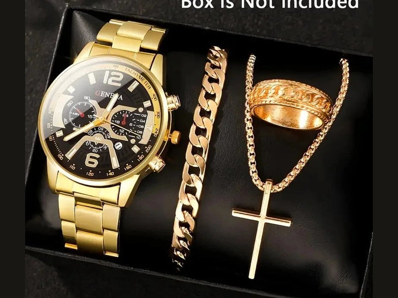 4pcs Luxury Men Business Quartz Watch Gold Alloy Roman with Calendar Wrist Watch Cross Necklace Bracelet Ring Set Men's Gift - Simply Just Deals LLC4pcs Luxury Men Business Quartz Watch Gold Alloy Roman with Calendar Wrist Watch Cross Necklace Bracelet Ring Set Men's Gift14:10000597906064pcs Luxury Men Business Quartz Watch Gold Alloy Roman with Calendar Wrist Watch Cross Necklace Bracelet Ring Set Men's Gift