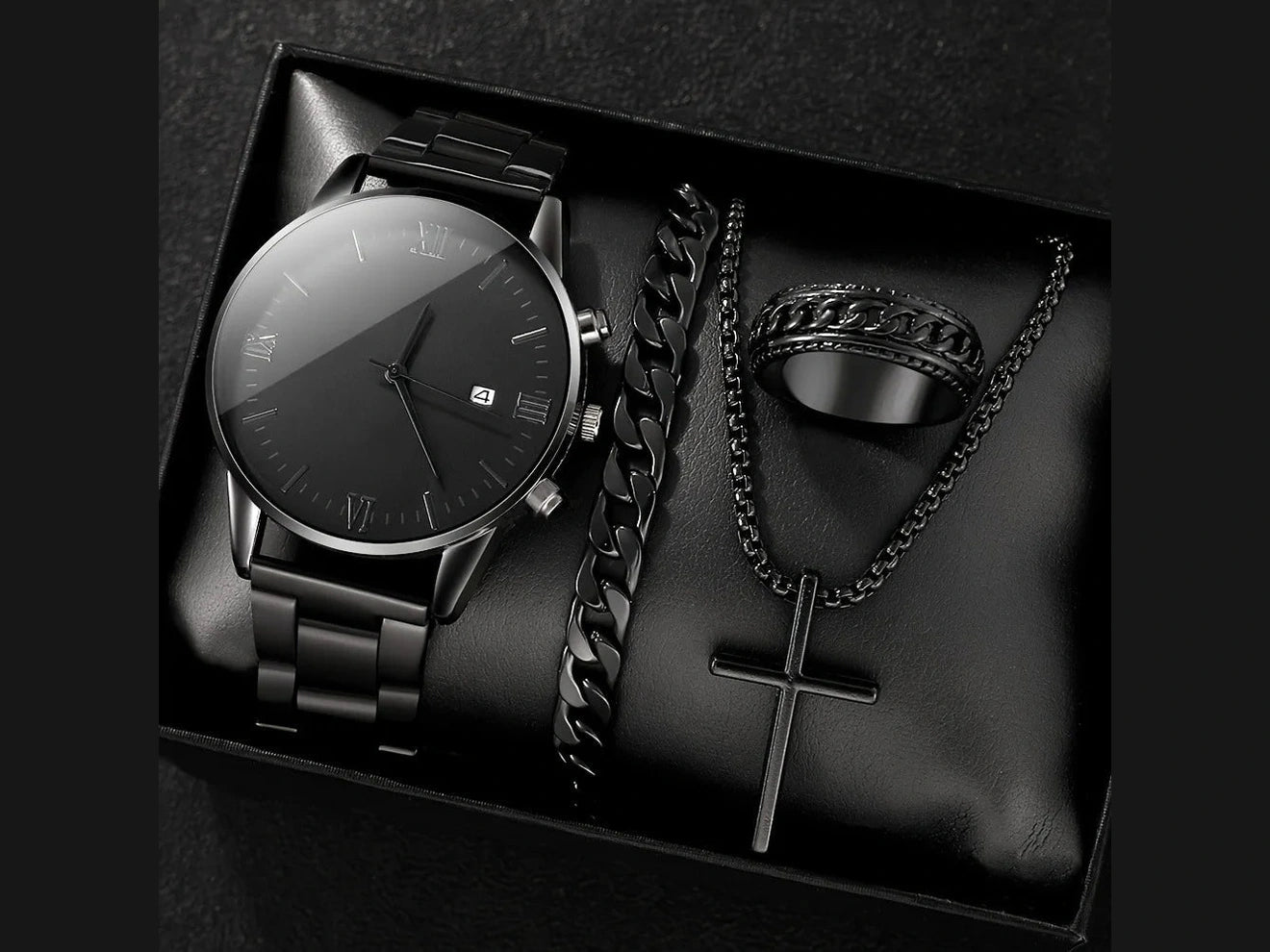 4pcs Luxury Men Business Quartz Watch Gold Alloy Roman with Calendar Wrist Watch Cross Necklace Bracelet Ring Set Men's Gift - Simply Just Deals LLC4pcs Luxury Men Business Quartz Watch Gold Alloy Roman with Calendar Wrist Watch Cross Necklace Bracelet Ring Set Men's Gift14:49610104pcs Luxury Men Business Quartz Watch Gold Alloy Roman with Calendar Wrist Watch Cross Necklace Bracelet Ring Set Men's Gift