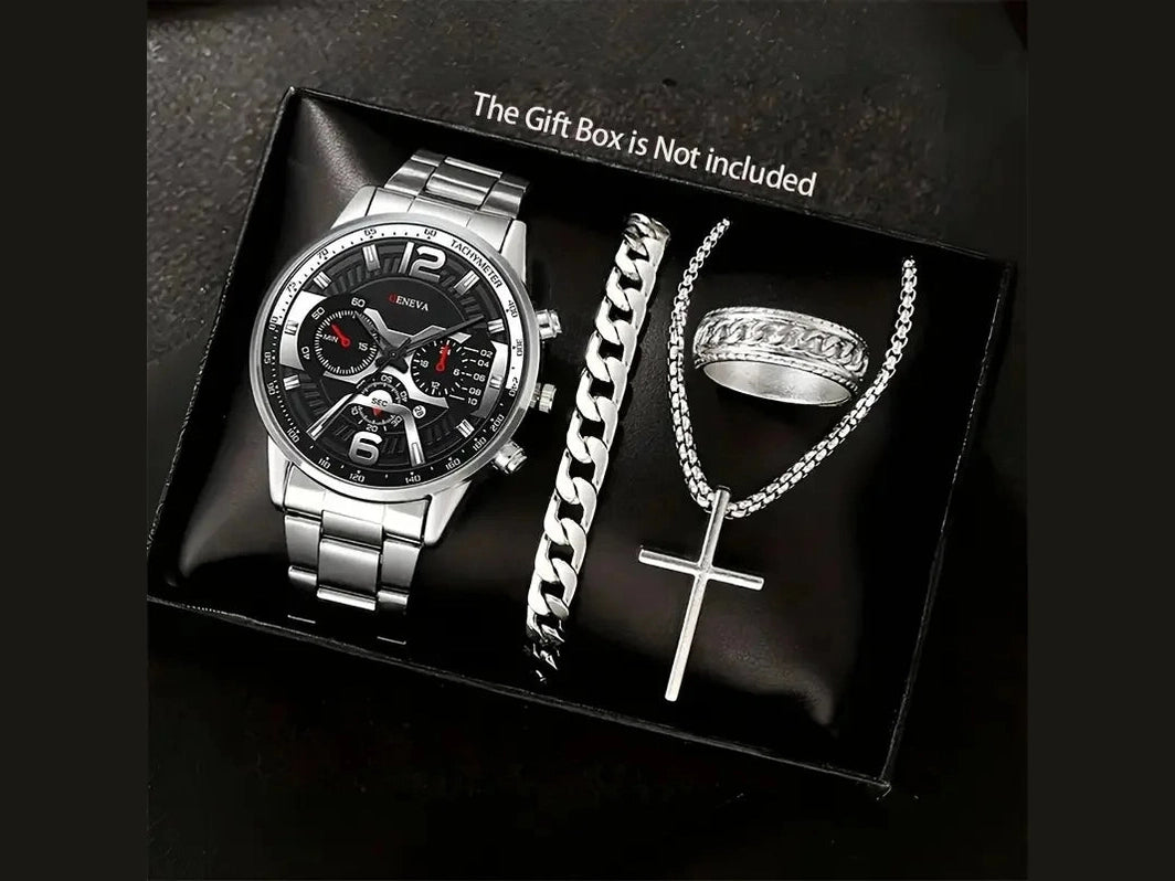 4pcs Luxury Men Business Quartz Watch Gold Alloy Roman with Calendar Wrist Watch Cross Necklace Bracelet Ring Set Men's Gift - Simply Just Deals LLC4pcs Luxury Men Business Quartz Watch Gold Alloy Roman with Calendar Wrist Watch Cross Necklace Bracelet Ring Set Men's Gift14:35085008084pcs Luxury Men Business Quartz Watch Gold Alloy Roman with Calendar Wrist Watch Cross Necklace Bracelet Ring Set Men's Gift