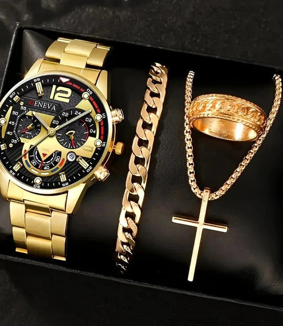 4pcs Luxury Men Business Quartz Watch Gold Alloy Roman with Calendar Wrist Watch Cross Necklace Bracelet Ring Set Men's Gift - Simply Just Deals LLC4pcs Luxury Men Business Quartz Watch Gold Alloy Roman with Calendar Wrist Watch Cross Necklace Bracelet Ring Set Men's Gift14:20144759801014pcs Luxury Men Business Quartz Watch Gold Alloy Roman with Calendar Wrist Watch Cross Necklace Bracelet Ring Set Men's Gift