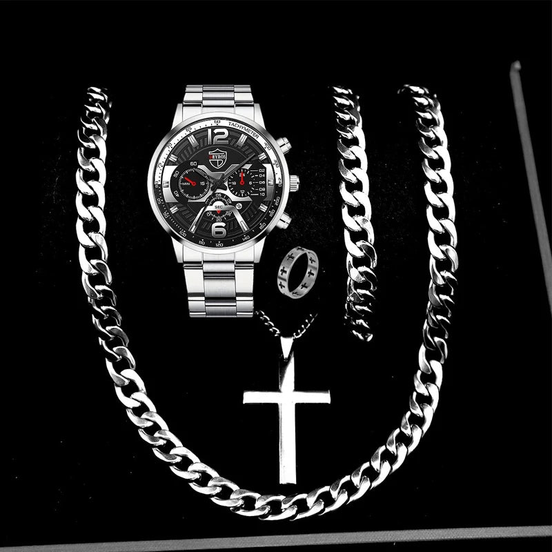 5PCS Set DEYROS Fashion Mens Calendar Watches Men Business Stainless Steel Quartz Wristwatch Male Casual Necklace Bracelet Watch - Simply Just Deals LLC5PCS Set DEYROS Fashion Mens Calendar Watches Men Business Stainless Steel Quartz Wristwatch Male Casual Necklace Bracelet Watch14:200005100Siiver BlackSiiver Black5PCS Set DEYROS Fashion Mens Calendar Watches Men Business Stainless Steel Quartz Wristwatch Male Casual Necklace Bracelet Watch