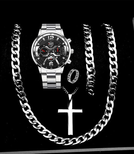 5PCS Set DEYROS Fashion Mens Calendar Watches Men Business Stainless Steel Quartz Wristwatch Male Casual Necklace Bracelet Watch - Simply Just Deals LLC5PCS Set DEYROS Fashion Mens Calendar Watches Men Business Stainless Steel Quartz Wristwatch Male Casual Necklace Bracelet Watch14:200005100Siiver BlackSiiver Black5PCS Set DEYROS Fashion Mens Calendar Watches Men Business Stainless Steel Quartz Wristwatch Male Casual Necklace Bracelet Watch