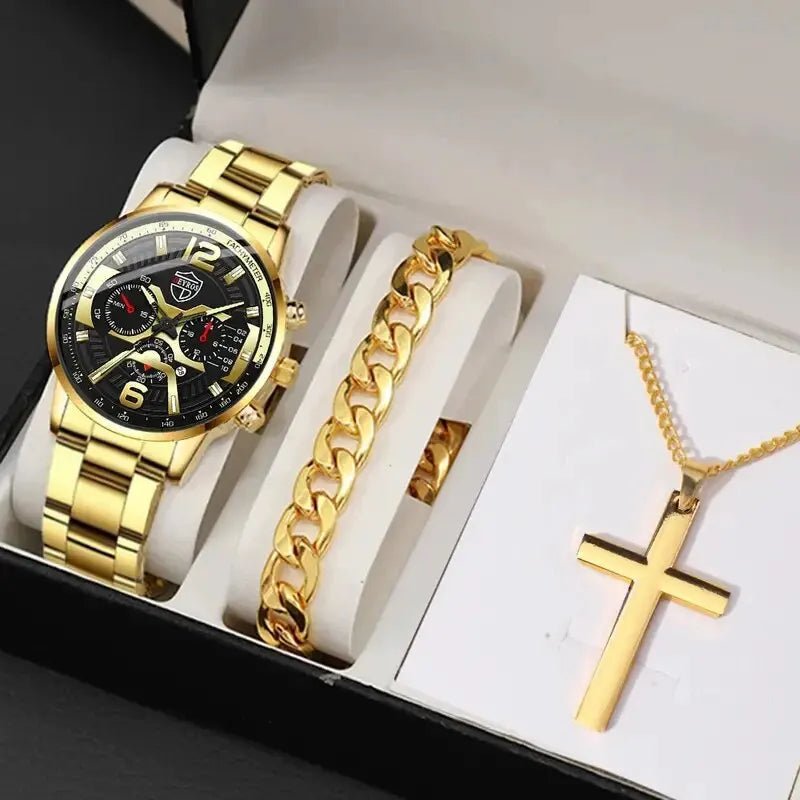 5PCS Set DEYROS Fashion Mens Calendar Watches Men Business Stainless Steel Quartz Wristwatch Male Casual Necklace Bracelet Watch - Simply Just Deals LLC5PCS Set DEYROS Fashion Mens Calendar Watches Men Business Stainless Steel Quartz Wristwatch Male Casual Necklace Bracelet Watch14:201447598Gold BlackGold Black5PCS Set DEYROS Fashion Mens Calendar Watches Men Business Stainless Steel Quartz Wristwatch Male Casual Necklace Bracelet Watch