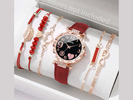 6PCS/Set Women's Watch Fashion Roma Heart Dial Leather Band Quartz Watches Leaf Bracelets Set(Without Box) - Simply Just Deals LLC6PCS/Set Women's Watch Fashion Roma Heart Dial Leather Band Quartz Watches Leaf Bracelets Set(Without Box)14100013777ESetWithoutBoxE Set Without Box6PCS/Set Women's Watch Fashion Roma Heart Dial Leather Band Quartz Watches Leaf Bracelets Set(Without Box)