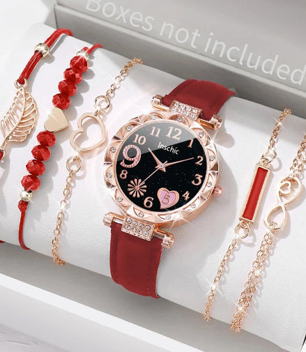 6PCS/Set Women's Watch Fashion Roma Heart Dial Leather Band Quartz Watches Leaf Bracelets Set(Without Box) - Simply Just Deals LLC6PCS/Set Women's Watch Fashion Roma Heart Dial Leather Band Quartz Watches Leaf Bracelets Set(Without Box)14100013777ESetWithoutBoxE Set Without Box6PCS/Set Women's Watch Fashion Roma Heart Dial Leather Band Quartz Watches Leaf Bracelets Set(Without Box)