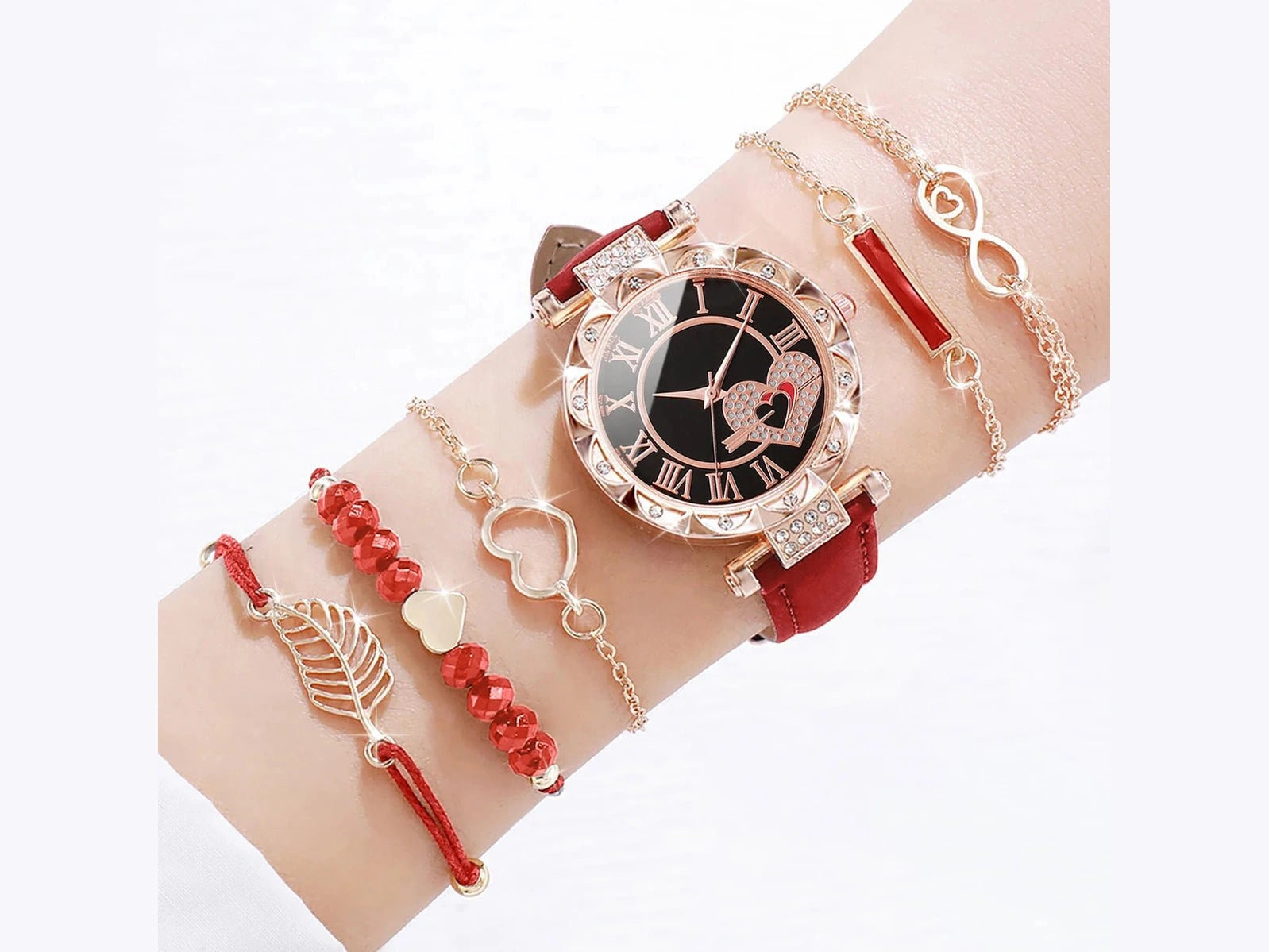 6PCS/Set Women's Watch Fashion Roma Heart Dial Leather Band Quartz Watches Leaf Bracelets Set(Without Box) - Simply Just Deals LLC6PCS/Set Women's Watch Fashion Roma Heart Dial Leather Band Quartz Watches Leaf Bracelets Set(Without Box)14200000080DSetWithoutBoxD Set Without Box6PCS/Set Women's Watch Fashion Roma Heart Dial Leather Band Quartz Watches Leaf Bracelets Set(Without Box)