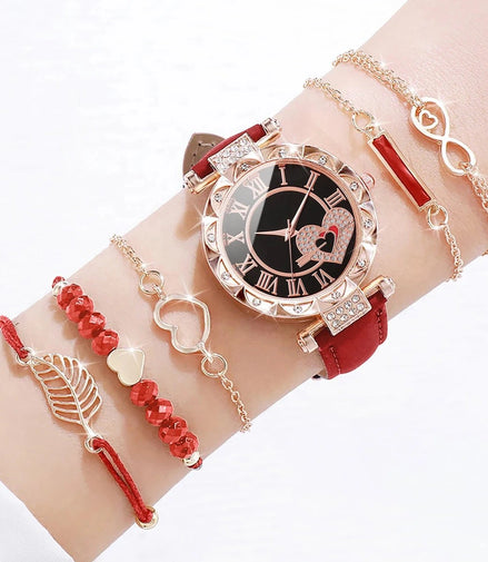 6PCS/Set Women's Watch Fashion Roma Heart Dial Leather Band Quartz Watches Leaf Bracelets Set(Without Box) - Simply Just Deals LLC6PCS/Set Women's Watch Fashion Roma Heart Dial Leather Band Quartz Watches Leaf Bracelets Set(Without Box)14200000080DSetWithoutBoxD Set Without Box6PCS/Set Women's Watch Fashion Roma Heart Dial Leather Band Quartz Watches Leaf Bracelets Set(Without Box)