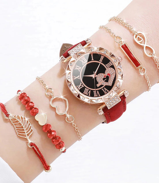 6PCS/Set Women's Watch Fashion Roma Heart Dial Leather Band Quartz Watches Leaf Bracelets Set(Without Box) - Simply Just Deals LLC6PCS/Set Women's Watch Fashion Roma Heart Dial Leather Band Quartz Watches Leaf Bracelets Set(Without Box)14200000080DSetWithoutBoxD Set Without Box6PCS/Set Women's Watch Fashion Roma Heart Dial Leather Band Quartz Watches Leaf Bracelets Set(Without Box)