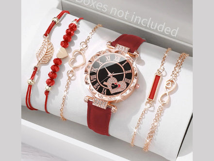 6PCS/Set Women's Watch Fashion Roma Heart Dial Leather Band Quartz Watches Leaf Bracelets Set(Without Box) - Simply Just Deals LLC6PCS/Set Women's Watch Fashion Roma Heart Dial Leather Band Quartz Watches Leaf Bracelets Set(Without Box)1410HH10495HH104956PCS/Set Women's Watch Fashion Roma Heart Dial Leather Band Quartz Watches Leaf Bracelets Set(Without Box)