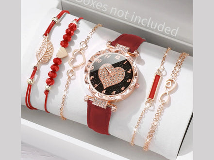 6PCS/Set Women's Watch Fashion Roma Heart Dial Leather Band Quartz Watches Leaf Bracelets Set(Without Box) - Simply Just Deals LLC6PCS/Set Women's Watch Fashion Roma Heart Dial Leather Band Quartz Watches Leaf Bracelets Set(Without Box)14200005100CSetWithoutBoxC Set Without Box6PCS/Set Women's Watch Fashion Roma Heart Dial Leather Band Quartz Watches Leaf Bracelets Set(Without Box)